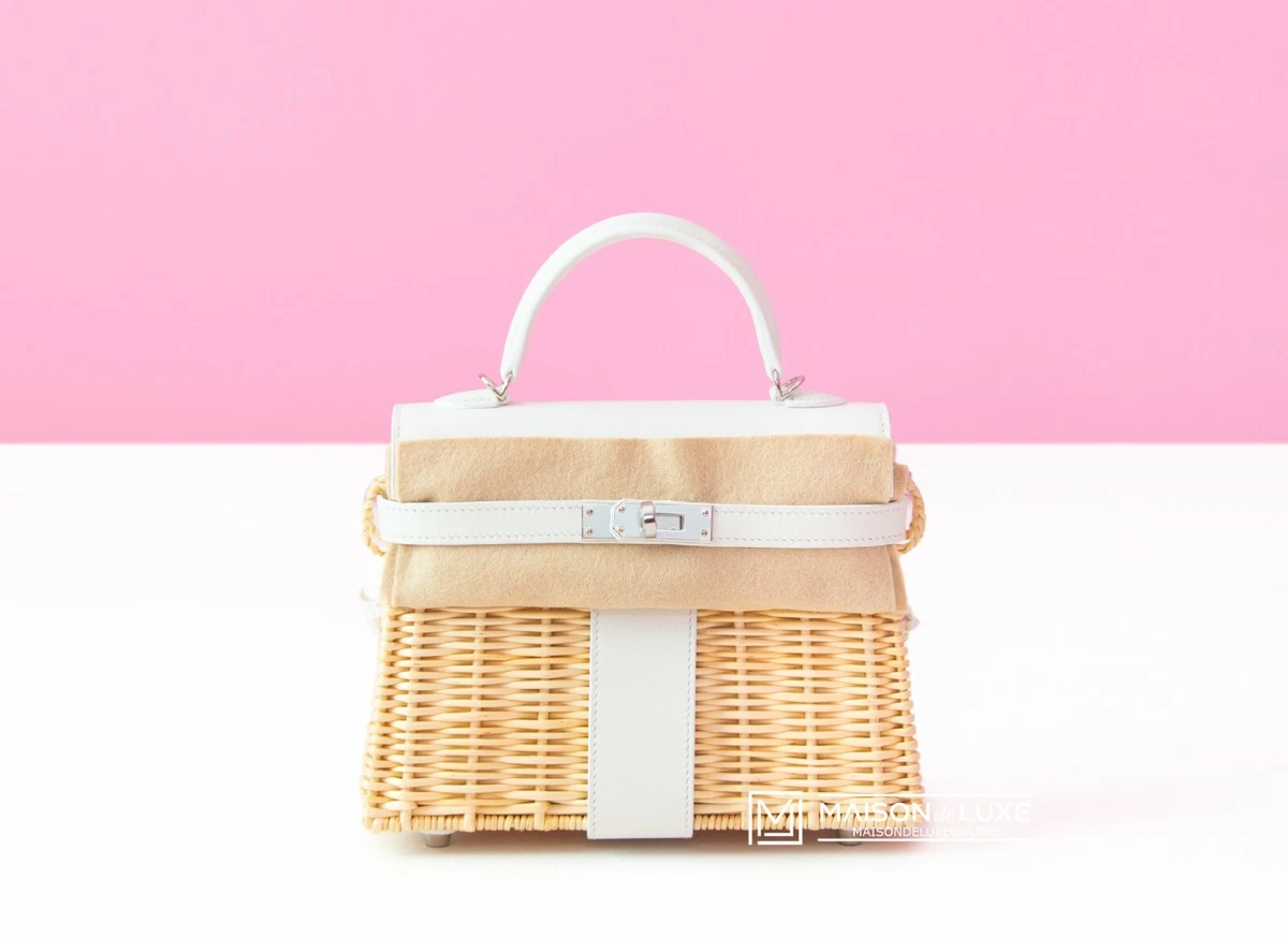 NEW HERMES BLANC WHITE PICNIC KELLY MINI 20 WICKER BAG HANDBAG SHOULDER TOTE