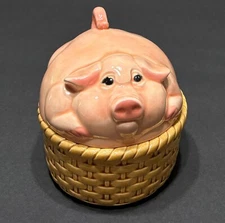 Scioto 1983 Vtg Ceramic Pink Pig on Golden Weave Basket Design Dish Bowl Lidded