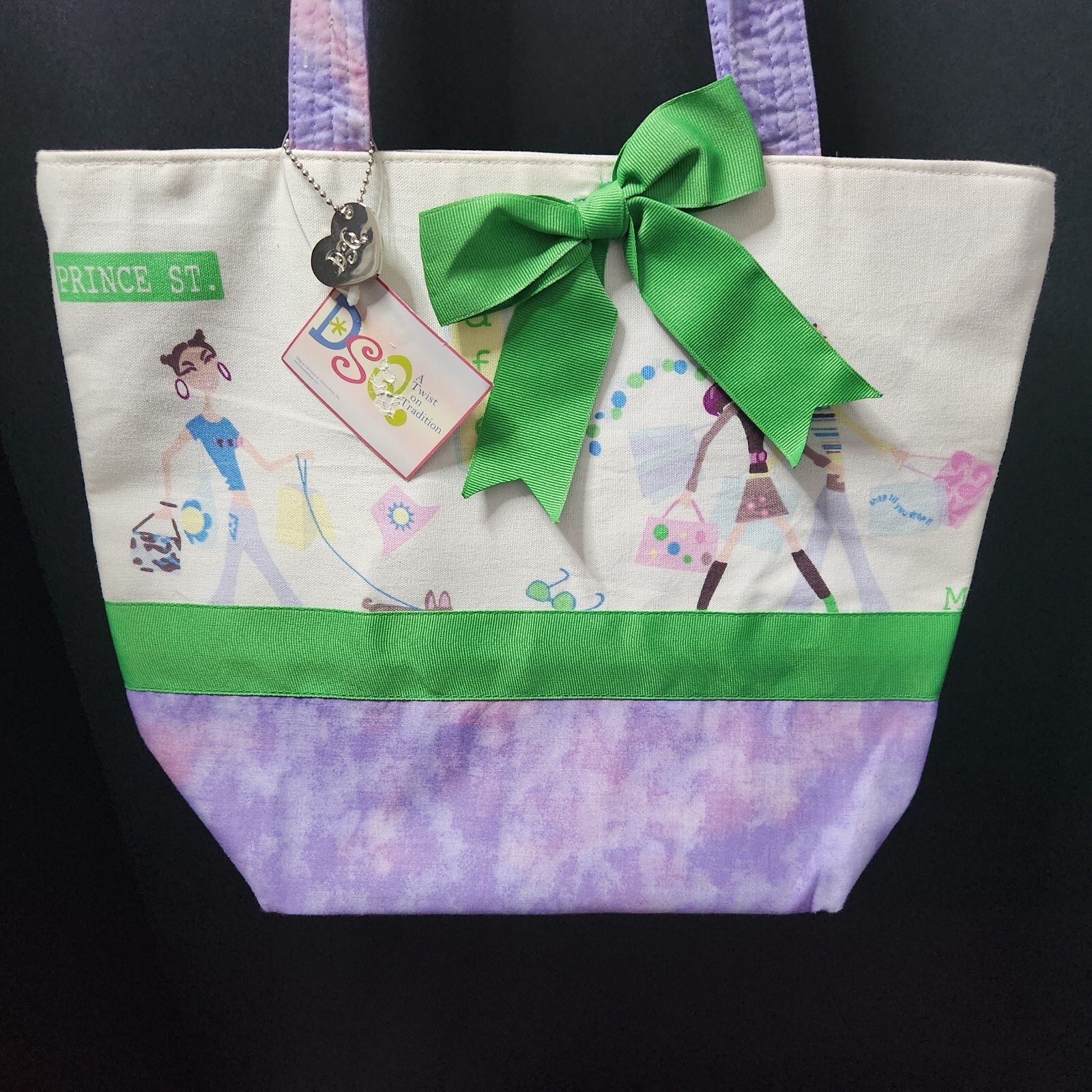 Canvas Tote Bag Rodeo Drive With DSQ Metal Charm and Green Bow New With Tag