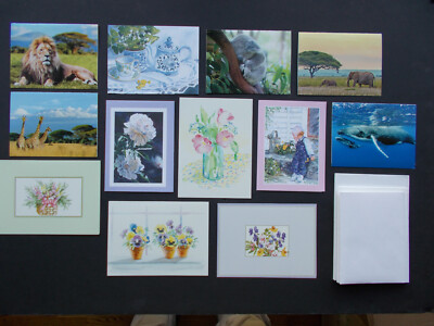 12 DIFFRENT DESIGNED ANIMAL & FLORAL BLANK NOTE CARDS + ENVELOPES,
