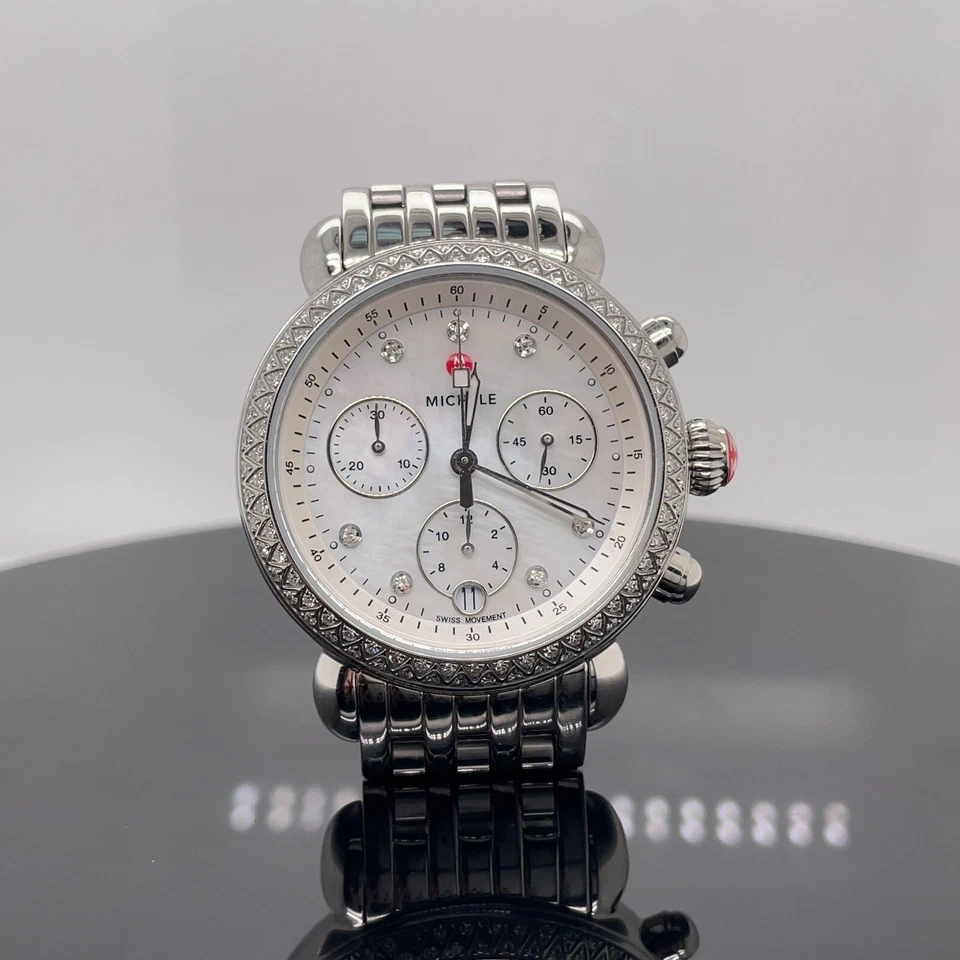 Michele Deco Diamond Chronograph Watch Head & Bracelet 33mm New $2695 - Image 2 of 4