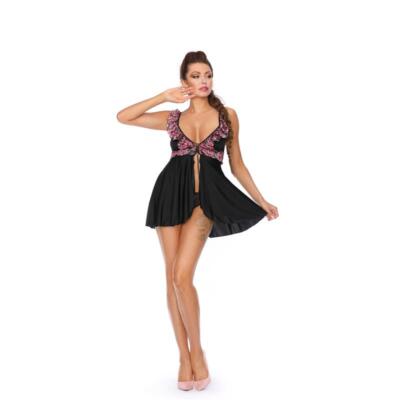Süßes Damen Negligé Babydoll inkl. String Schwarz-Pink #UW290