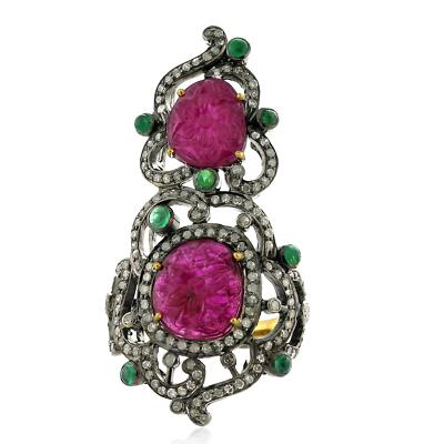 7.20ct Carved Ruby Diamond Emerald Vintage Look Long Ring 925 Starling Silver