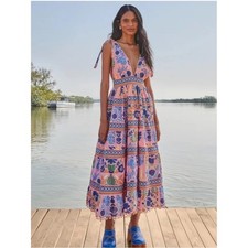 Farm Rio Seashell Tapestry Sleeveless Pink Floral Tie-Shoulder Maxi Dress