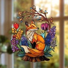 Floral Fox Acrylic Suncatcher: Faux Stained Glass Window Hanging