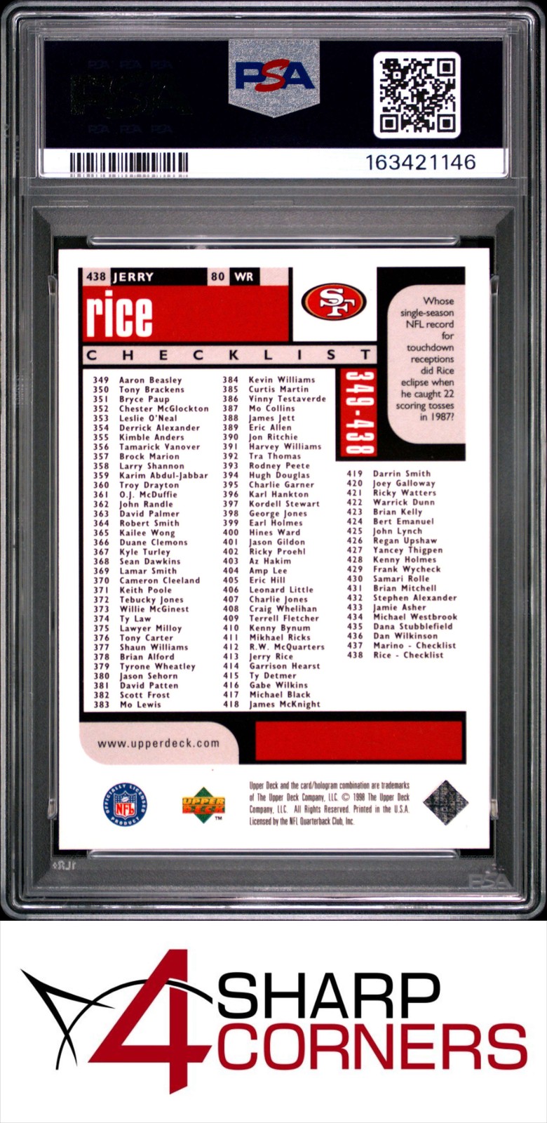 1998 UD CHOICE RESERVE #438 JERRY RICE 49ERS HOF POP 2 PSA 10 view 2