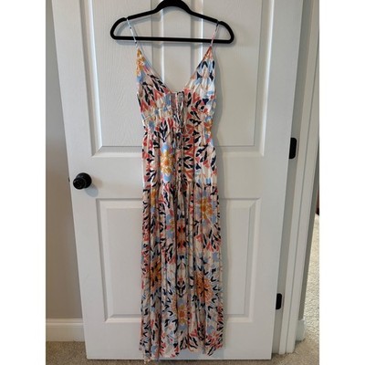Elan Womens Abstract Floral Ikat Maxi Dress Lace Up V-Neck Tiered Summer XS NEW