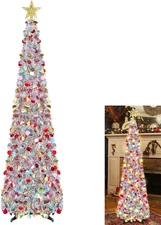 NEW Slim 5 Foot Silver Tinsel Pop-Up Tree Pre-Lit 50 Warm LED Lights & Topper