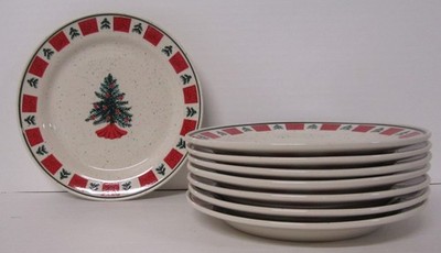 Folkcraft Holiday Christmas Tree Stoneware 7 1/2'' Salad Plate 8 pc