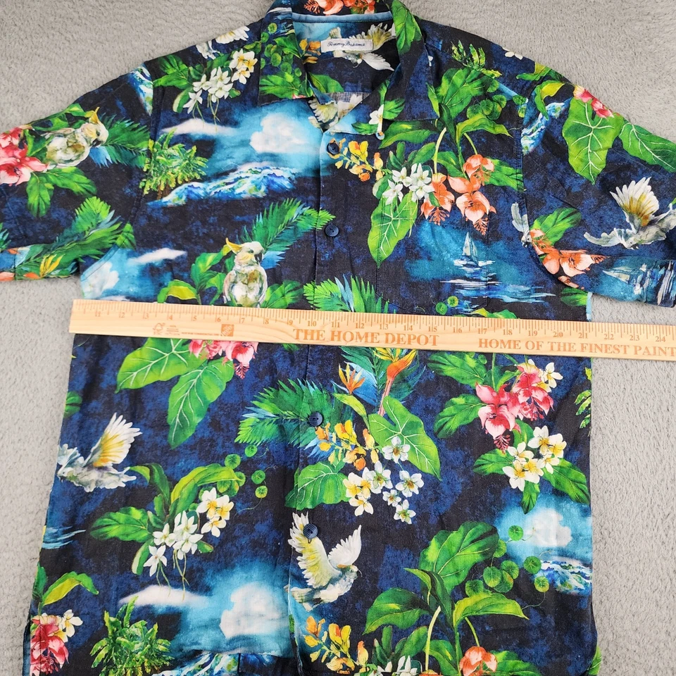 Tommy Bahama Shirt Mens Medium Green Blue Palm Bird Parrot Linen Artist Series - Image 4 of 4