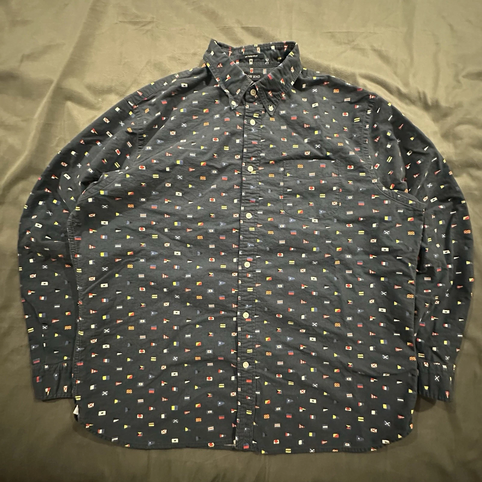 Land End Sail Rigger Oxford Button Up Shirt Mens XL Flag AOP Navy Pocket