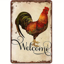Vintage Rooster Welcome Metal Wall Sign 12x8 Farmhouse Chicken Decor