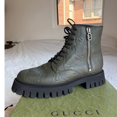 Gucci Piuma Calf Rock GG 99 Green Leather Combat Boots Zip Logo Round Toe