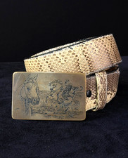 Vintage 1980s white snakeskin leather belt Ampersand Brass horse buckle 42 men's