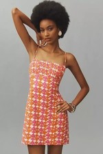 Anthropologie Maeve Linen Mini Dress Pink Orange Geo Retro Sz 12 A-Line Cocktail