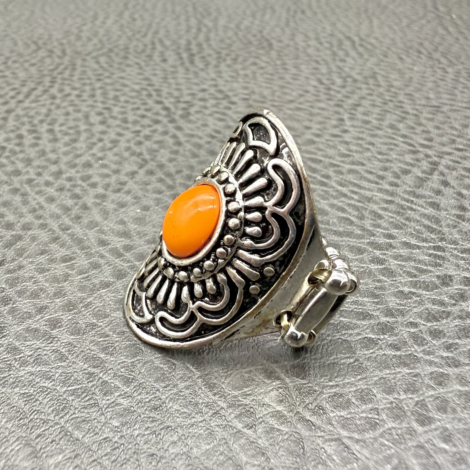 Silver Tone Statement Ring Adjustable Wide Stretch Band Boho Orange Cabochon