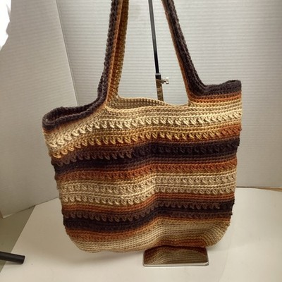 Crochet Tote Shoulder Bag Handmade Medium Bag 13x14 StripedPurse Bohemian Hippie