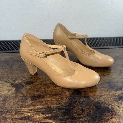 MIUMMASH Women s Tan 3  Leather Heel T Strap Size 37 Hard Sole Rubber Bottom