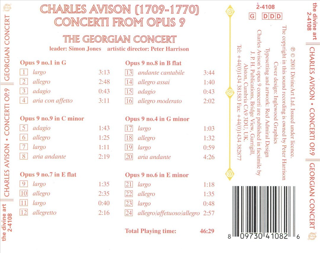 GEORGIAN CONCERT CHARLES AVISON: CONCERTI FROM OPUS 9 NEW CD