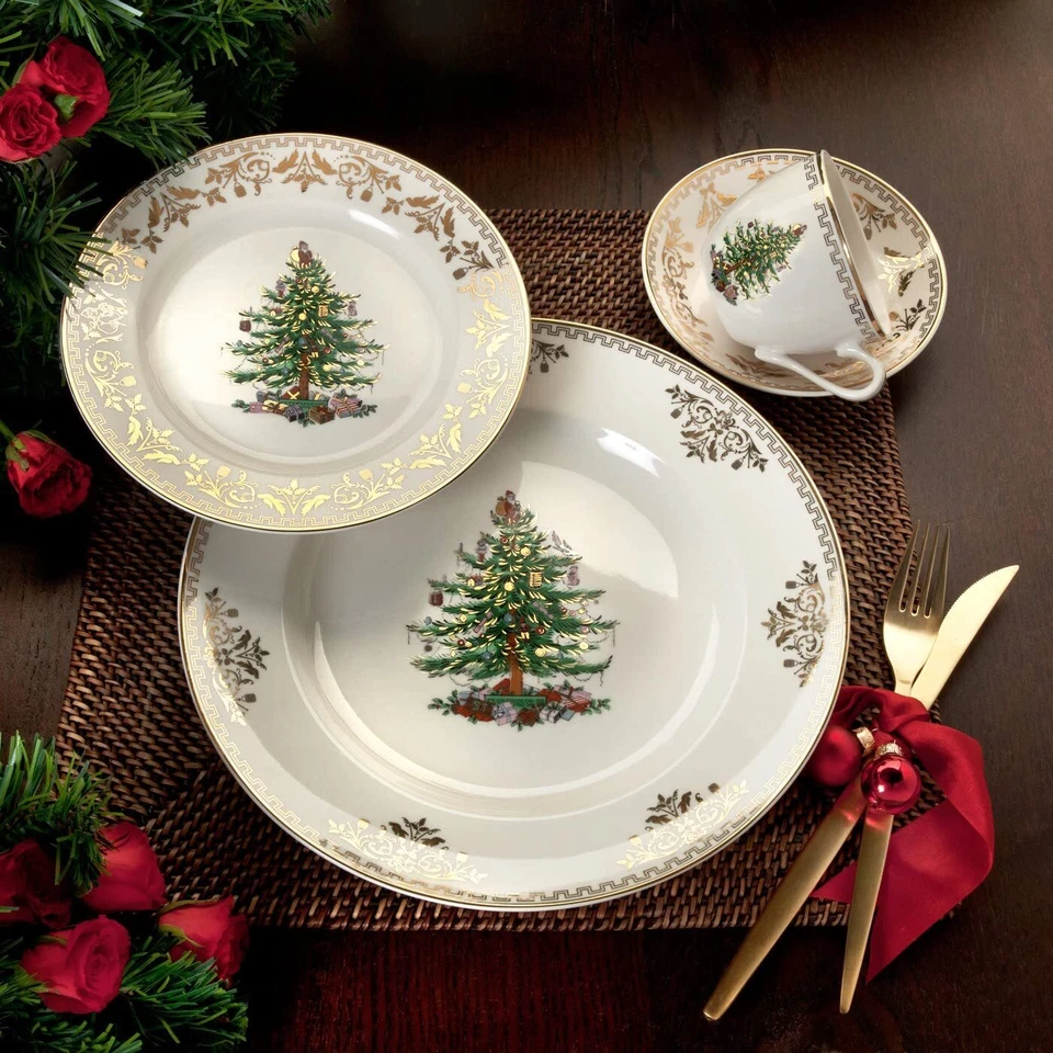 Juego de 4 platos de cena de porcelana fina Spode Christmas Tree Gold Collection de 10′′ Foto 4 de 4