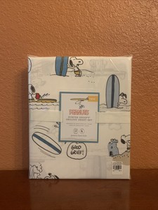 Pottery Barn Kids Twin Peanuts Snoopy Surfer Surf S Up Organic Sheet Set Charlie Ebay