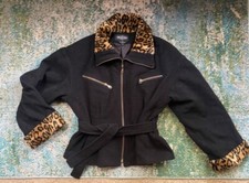 Vintage 90s Braetan leopard print black wool fitted tie waist coat, size large