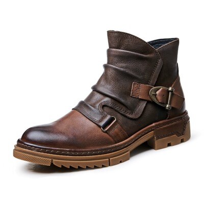Pleated Men's Leather Ankle Boots Work Shoes Motor Formal Buckle Retro Casual