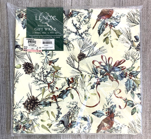 VTG Lenox Winter Greetings Christmas Gift Wrap Paper Sq 2 Sheets Sealed 20 x 30