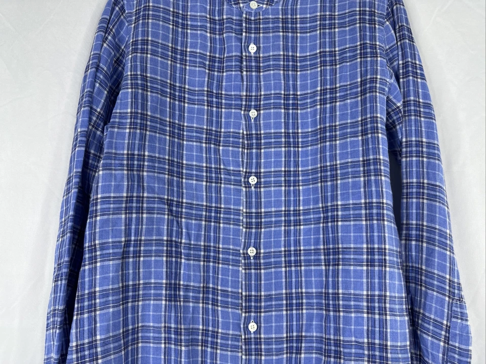 Camisa de lino con botones Z Zegna para hombre talla M azul a cuadros manga larga sin cuello Foto 3 de 4
