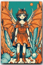 Whimsical Demon Girl Art Print 4x6 – Orange Wings, Surreal Desert Fantasy Scene