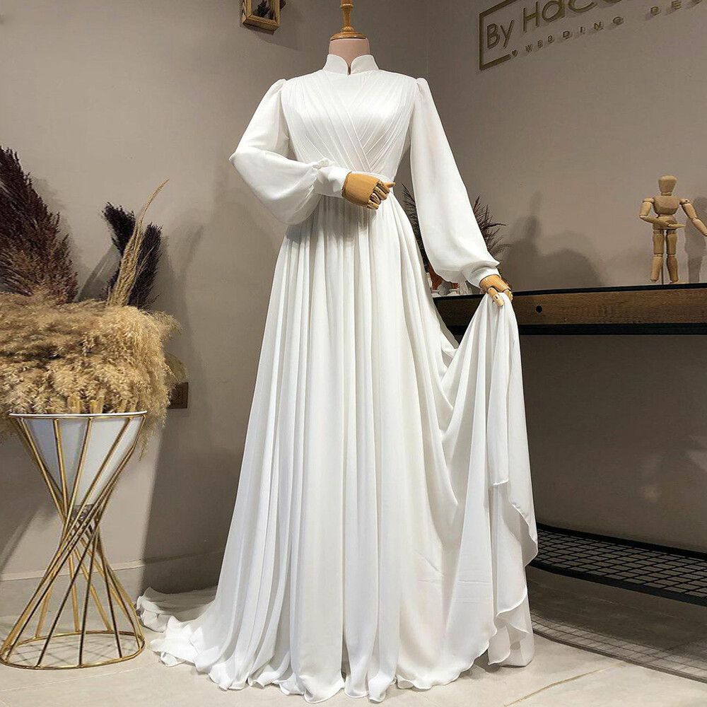 Vintage Muslim Wedding Dresses Chiffon High Neck Long Sleeve Sweep