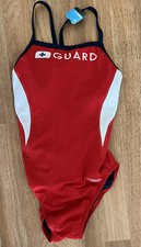 Speedo Womens Guard Red Train II Flyback One Piece Swimsuit Size 28