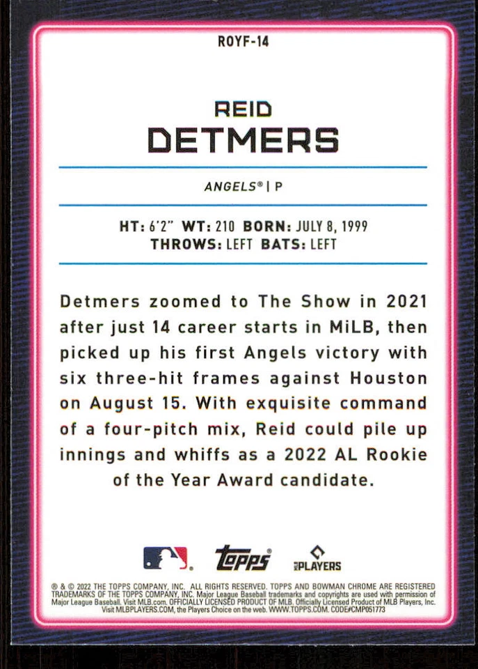 2022 Bowman Chrome Rookie of the Year Favorites #ROYF14 Reid Detmers - Image 2 of 2