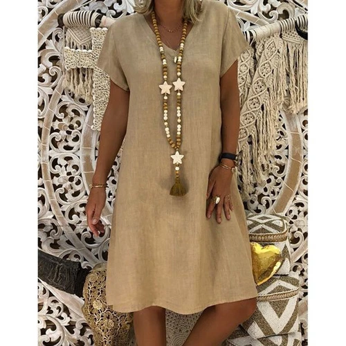 Women Short Sleeve Cotton Linen Midi Dress Ladies Solid V Neck Loose Sundress US - Bild 15 von 40