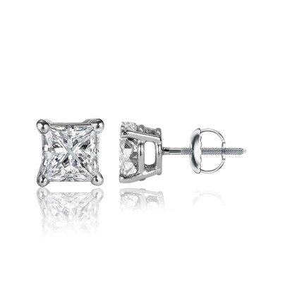 4 kt Princess Cut FL/D Lab Created Ohrstecker 14 Karat Weißgold 7 mm Schraubverschluss
