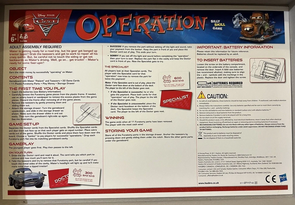 Pixar 'Cars 2' OPERATION Game 'Tow Mater' Edition - Hasbro 2011 As New - Image 3 of 4