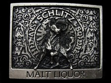KK09142 NICE VINTAGE 1970s  SCHLITZ MALT LIQUOR  BULL LOGO PEWTER BEER BUCKLE