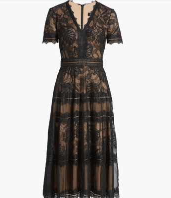 NWT, TADASHI SHOJI Lace & Mesh Midi Cocktail Dress in Black/Nude Size 14 #MD891