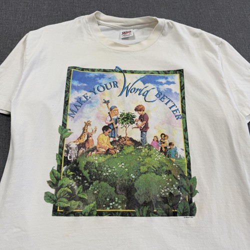 Vintage 90s Human-I-Tees T-Shirt Mens XL White Make Your World Better Nature Tee