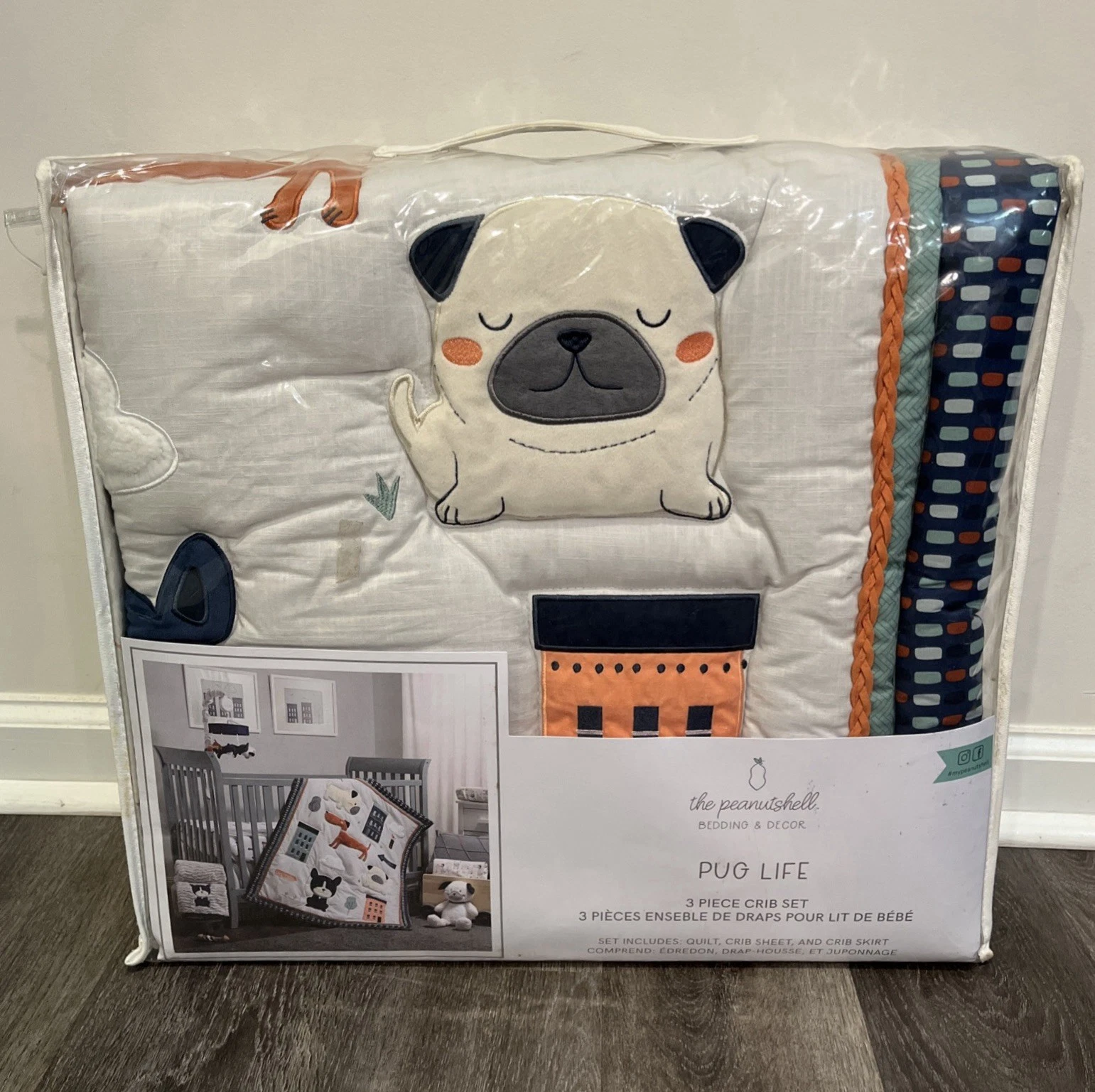 “PUG LIFE” 3 Pc. Baby Crib Bedding Set The Peanutshell Dog - Quilt, Sheet, Skirt