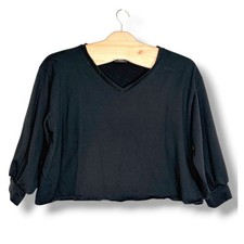 G by Giuliana Sweatshirt 2X Black V-Neck Balloon Sleeve Raw Hem Cropped Fleece