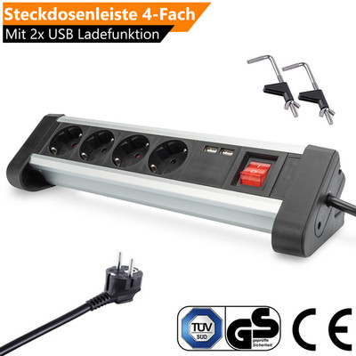Tischsteckdose mit 2x USB & Schalter Mehrfachstecker 4-fach ALU Steckdosenleiste