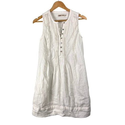 Faherty Isha White Organic Cotton Pintuck Sleeveless Shift Dress Pockets XS