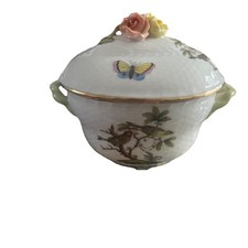 Ciotola porta caramelle vintage Herend Rothschild porcellana ovale coperta uccellini con finitura rose