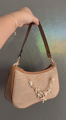 Coach Tan Woven Shoulder Bag w/ Leather Strap, Zip, Gold Hardware & Shell Charm