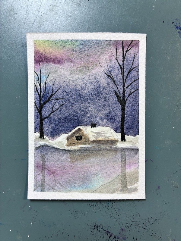 Sunset Winter Cabin ACEO Original watercolor  Snow Landscape Painting