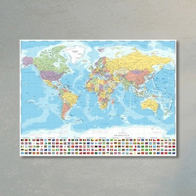 Classic World Map With Flags Home Decor Canvas Prints Posters Wall Art