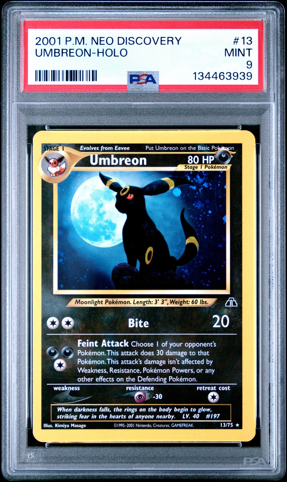 PSA 9 2001 Pokemon Neo Discovery #13 Umbreon-Holo SWRIL! NO RESERVE!