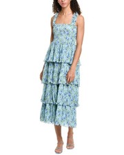 Ganni Pleated Georgette Flounce Smocked Midi Dress Women's Blue 40
