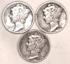 New Listing(3) Mercury Dimes - 1937 1939 1944 - Fine/Very Fine - #3583ED - FREE SHIPPING